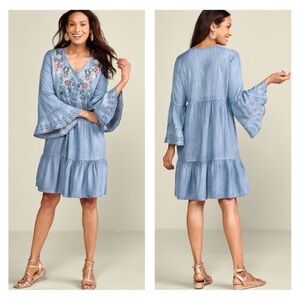 Soft Surroundings 1X Lina Short Dress Chambray Denim Blue Embroidered Bell